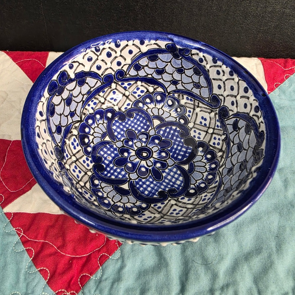 Talavera Footed Bowl Mexico Blue White Floral Hand Painted Ceramic 5.5" Tripod